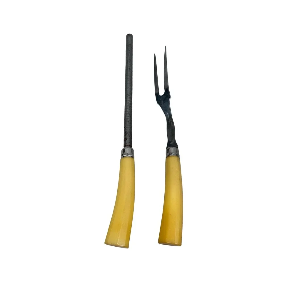 Vintage Stainless Steel Carving Fork and Sharpening Steel Set Yellow Handles